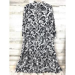 Joie Womens S Black White Floral Oversized Tiered Button Up Boho Midi Dress NEW